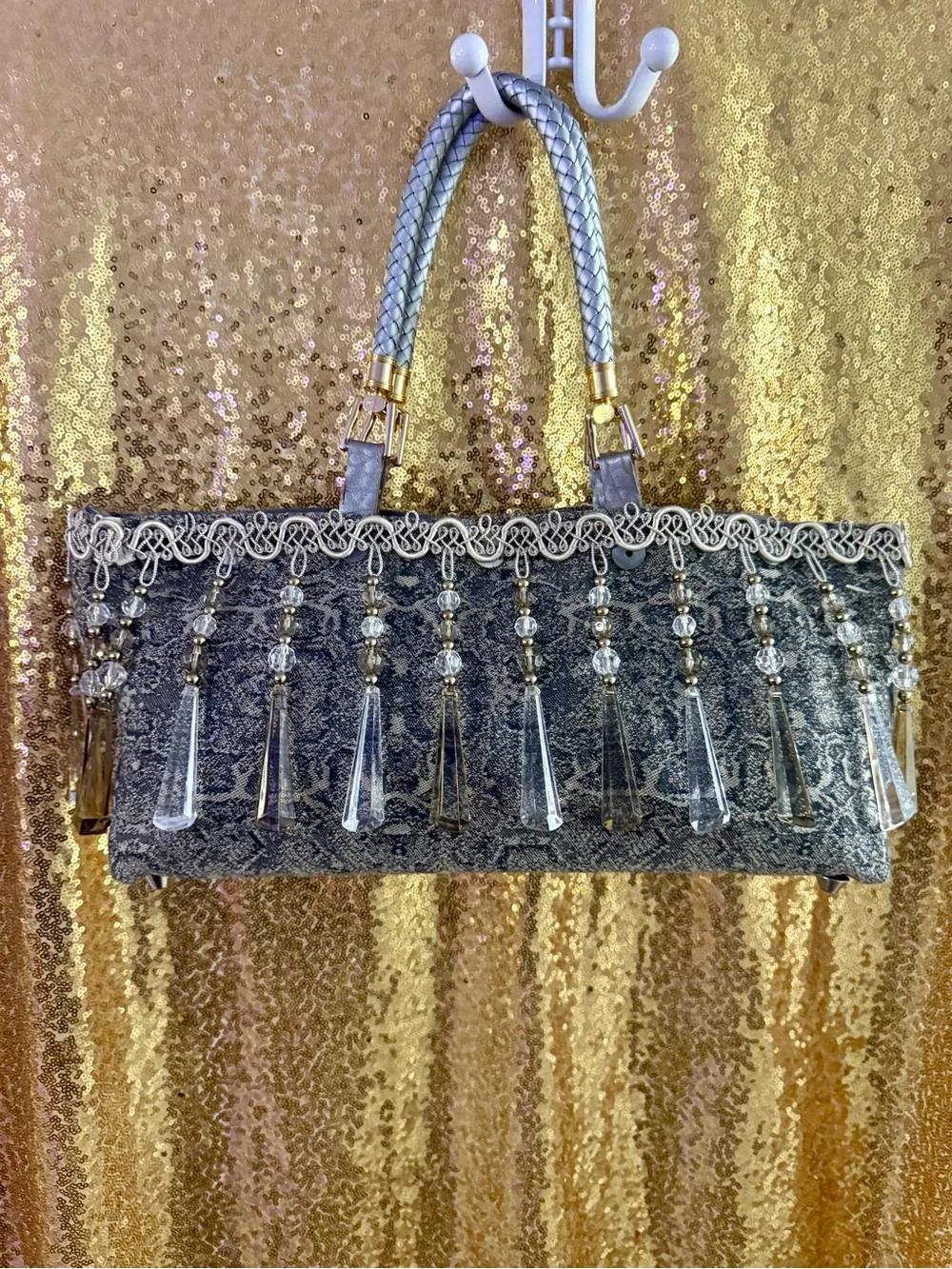 Gray Beaded Fringe Evening Clutch with Crystal Tassels